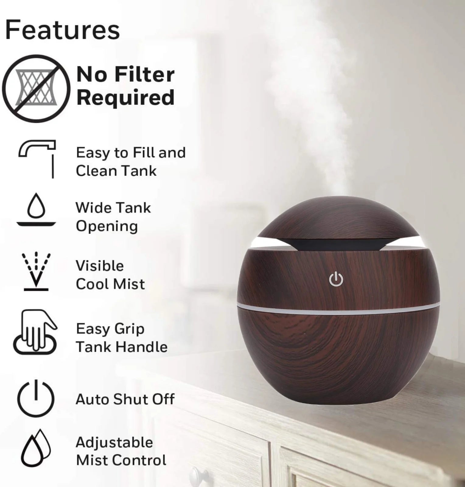 Cool Mist Humidifier for Bedroom, Colorful Night Light, Top Filling Humidifier with Bpa-Free, Small USB Air Humidifier, Waterless Automatic Dormancy